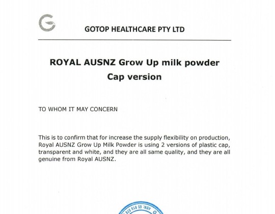 Thông báo: Sản phẩm sữa công thức Royal Ausnz Grow Up có 2 phiên bản nắp nhựa