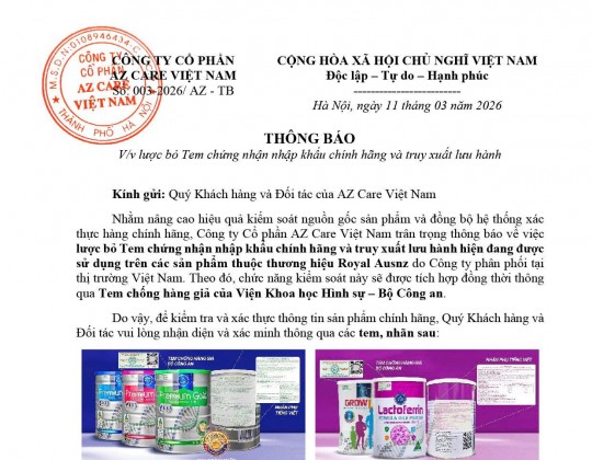 Thông báo thay đổi tem chứng nhận nhập khẩu chính hãng Sữa Hoàng Gia Royal AUSNZ