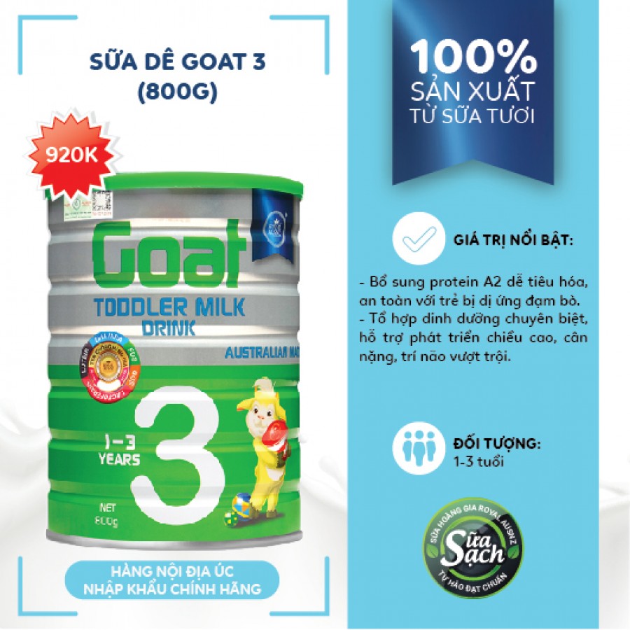 Sữa Dê Hoàng Gia Úc Royal Ausnz Goat Toddler Milk Drink 3 - Sữa công thức cho trẻ từ 1-3 tuổi (800g)