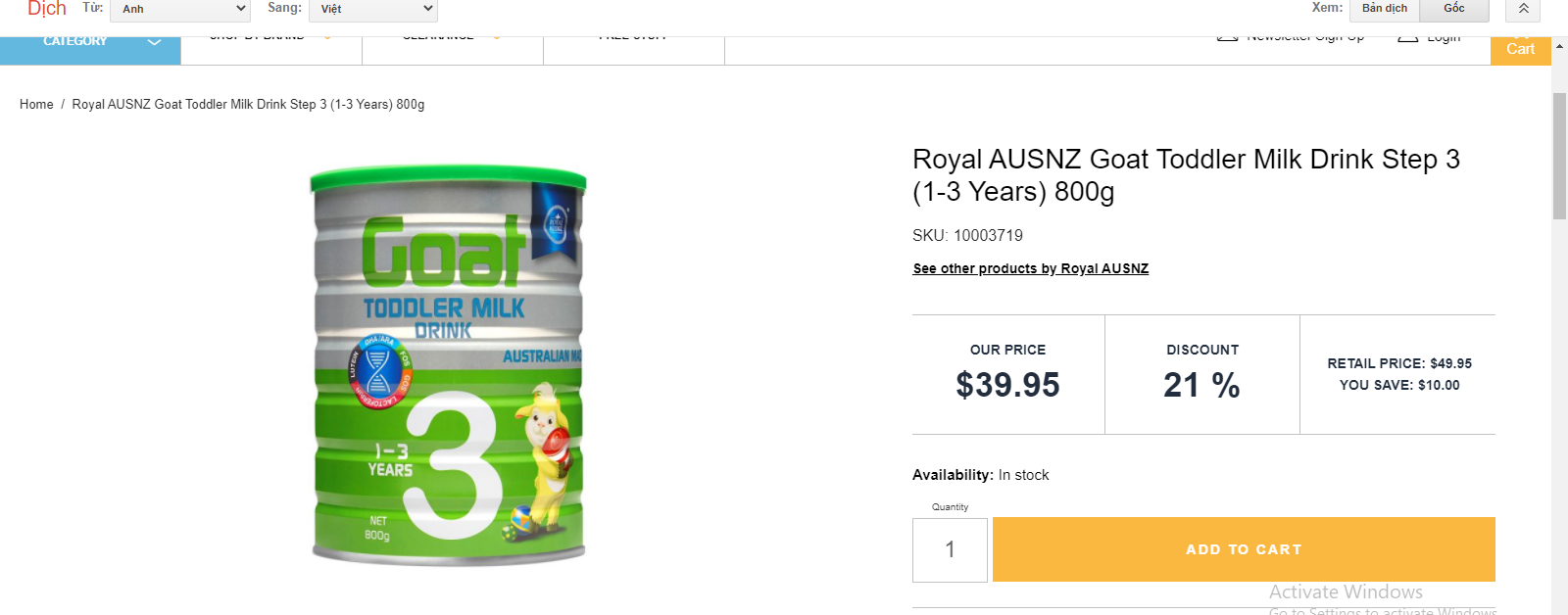 Giao diện mua sữa Hoàng gia trên Pharmacy Online