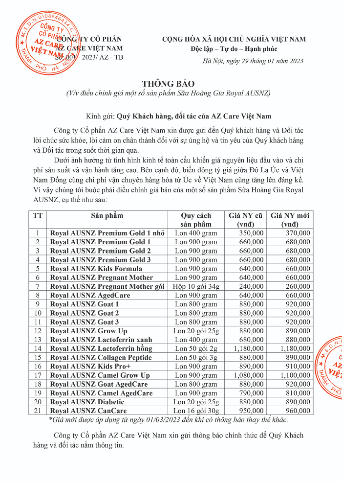Sữa Hoàng Gia Royal Ausnz thông báo điều chỉnh giá sản phẩm từ 01/03/2023
