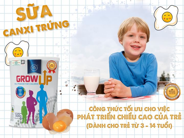 Sữa Hoàng Gia Grow Up: Sữa Canxi trứng tăng chiều cao cho bé 8 tuổi không lo thấp còi