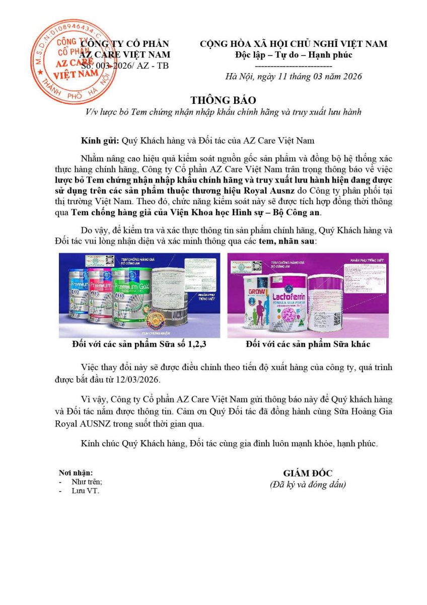 Thông báo đổi tem sản phẩm Sữa Hoàng Gia Úc Royal AUSNZ